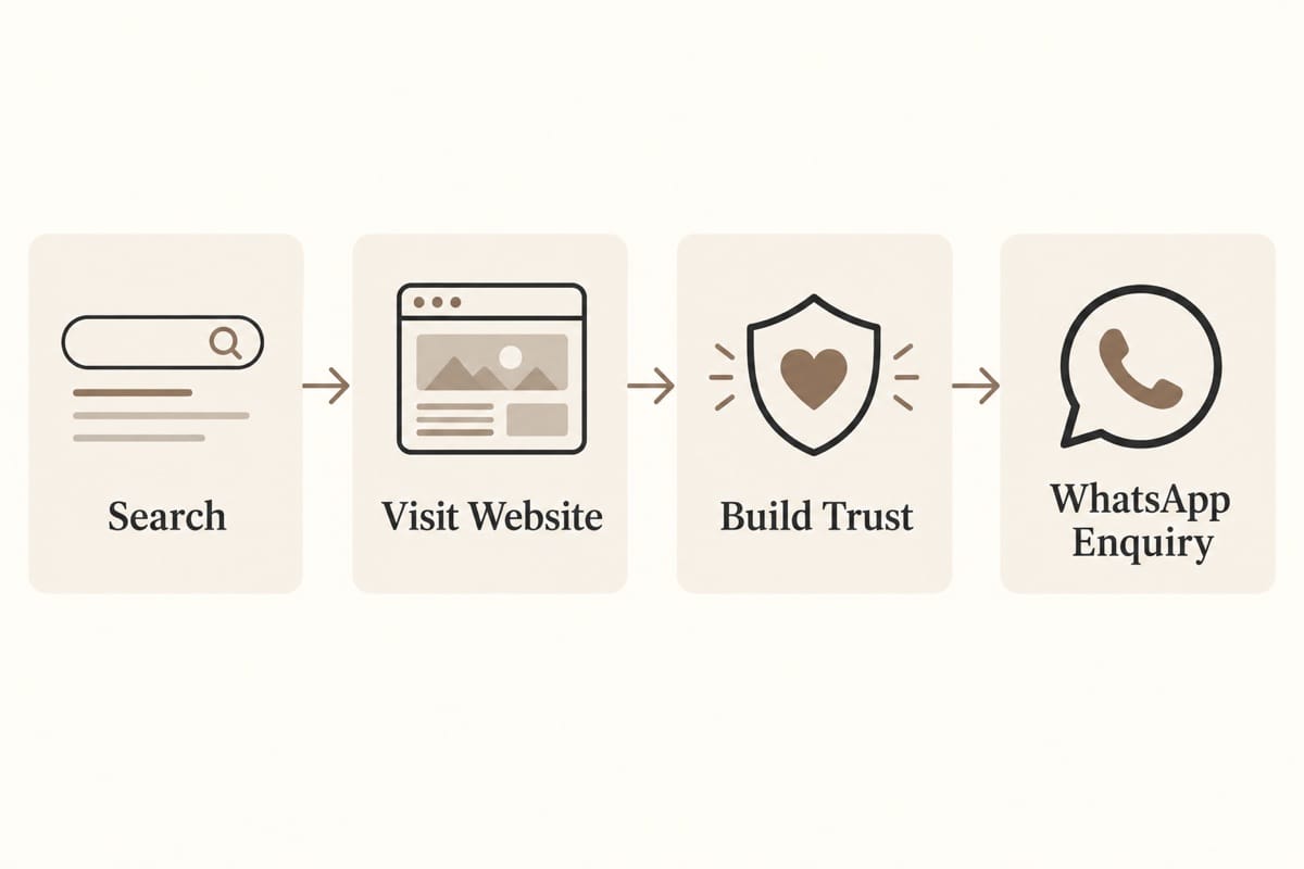 Customer journey from Google search to website trust and WhatsApp enquiry